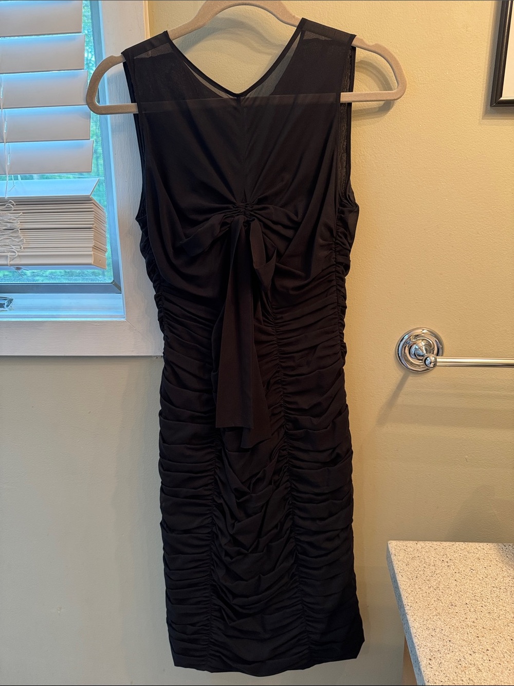 Moschino Black Ruched Midi Dress with Front bow.